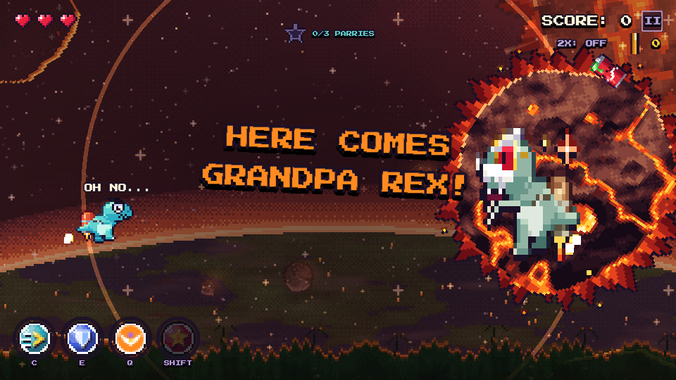 Boss intro: HERE COMES GRANDPA REX! as the old dinosaur bursts out of the glowing asteroid