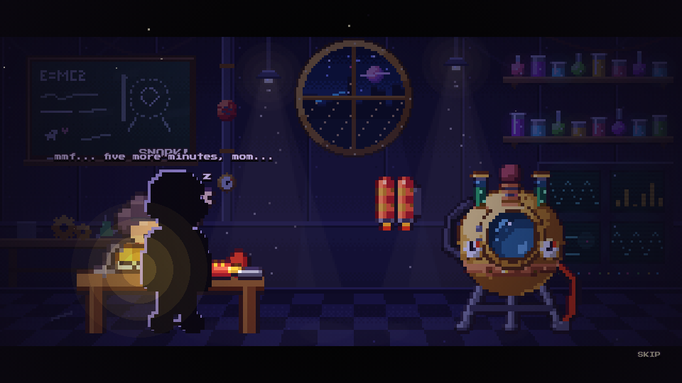 Cutscene: a shadowy figure sneaks past the sleeping professor towards the time machine