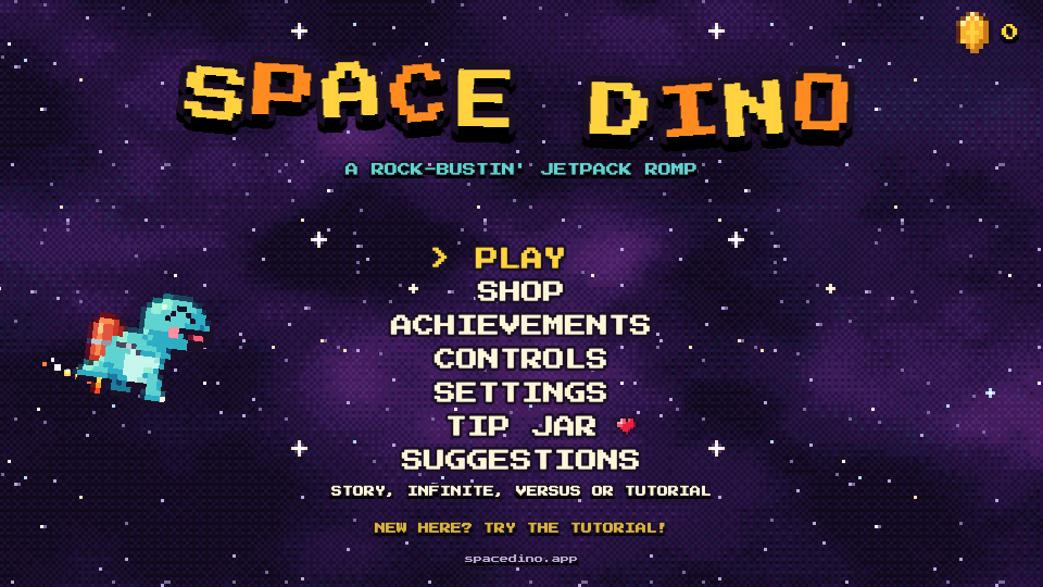 The Space Dino title screen with the menu and the jetpack dino