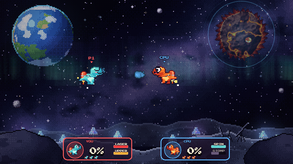 Versus mode: two dinos duel on the moon with Earth in the sky