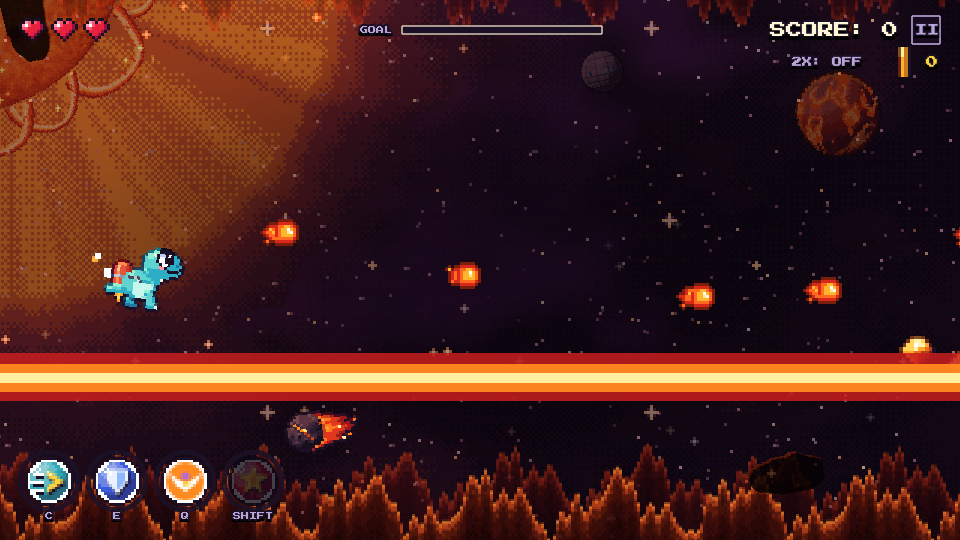 A World 1 stage: the dino shoots fireballs past molten rocks while a sun ray sweeps the screen