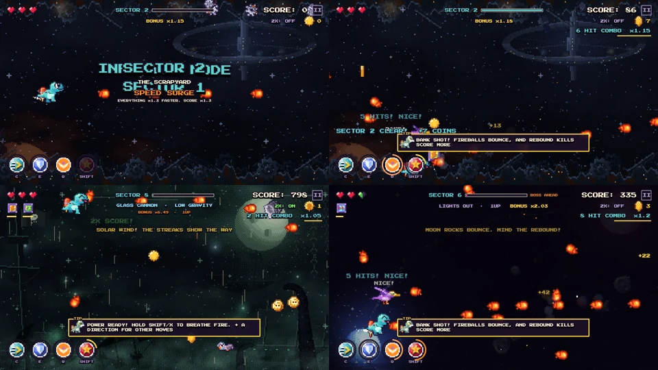 Four moments from Infinite mode: sector warps, mutators and combo counters.